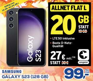 Lokal, Telekom Netz: Samsung Galaxy S23 im Congstar Allnet/SMS Flat 20GB LTE für 27€/Monat, 99€ Zuzahlung (ca. 407€ durch Tarifwechsel)