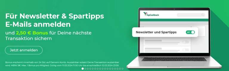 Topcashback 2,50€ Bonus ab 5€ Bestellwert für Newsletteranmeldung
