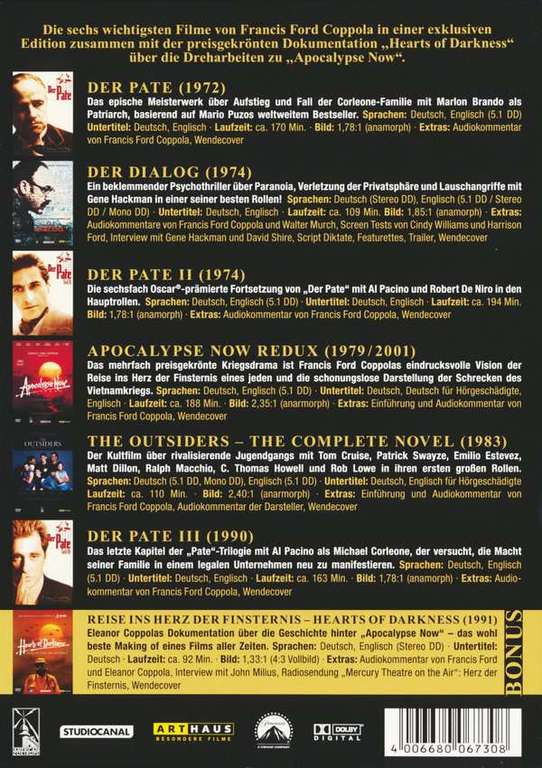 Francis Ford Coppola 6-Film Collection + Doku (7 DVDs) Der Pate - Teil 1-3 / Apocalypse Now Redux / The Outsiders / Der Dialog