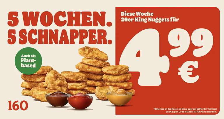 [Burger King] 20 King Nuggets oder 20 Plant-based Nuggets und 3 Dips für 4,99 €