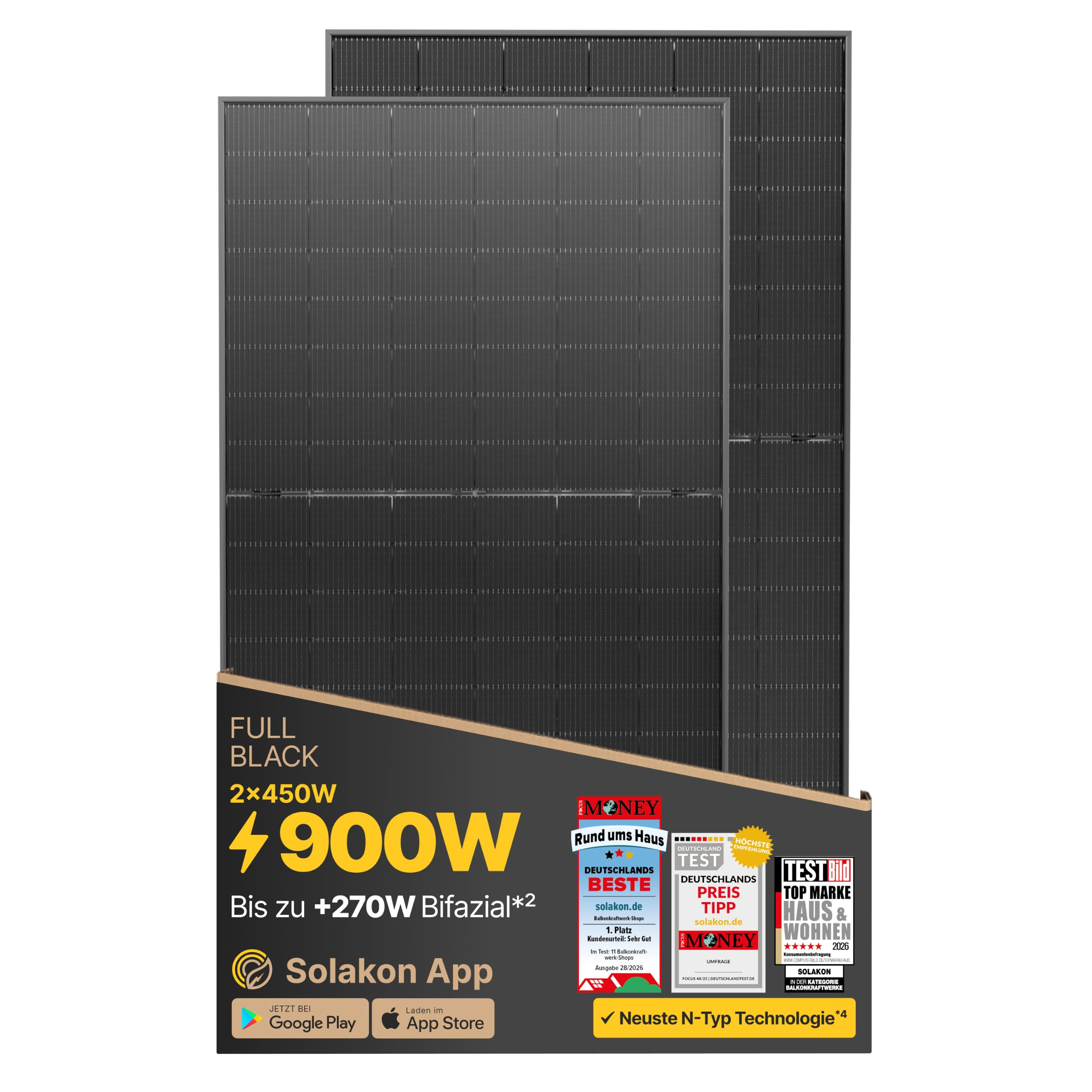 Solakon 2× 450W bifaziale Glas-Glas N-Type Solarmodule – 900Wp incl. Versand bei Amazon