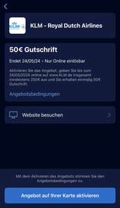 [AMEX Offers] KLM Royal Dutch Airlines 50 Euro Gutschrift bei 250 Euro Mindestumsatz (ggfs. personalisiert)