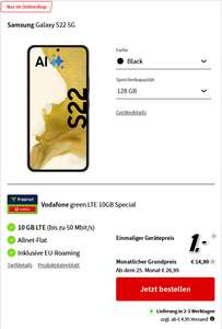 Sammeldeal: Samsung Galaxy S22 128GB ab 14,99€/Monat, 1€ Zuzahlung, mit Trade In ab 12,99€/Monat