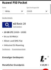 Media Markt Tarifwelt Huawei P50 Pocket 1€ o2 Basic 20GB/10GB