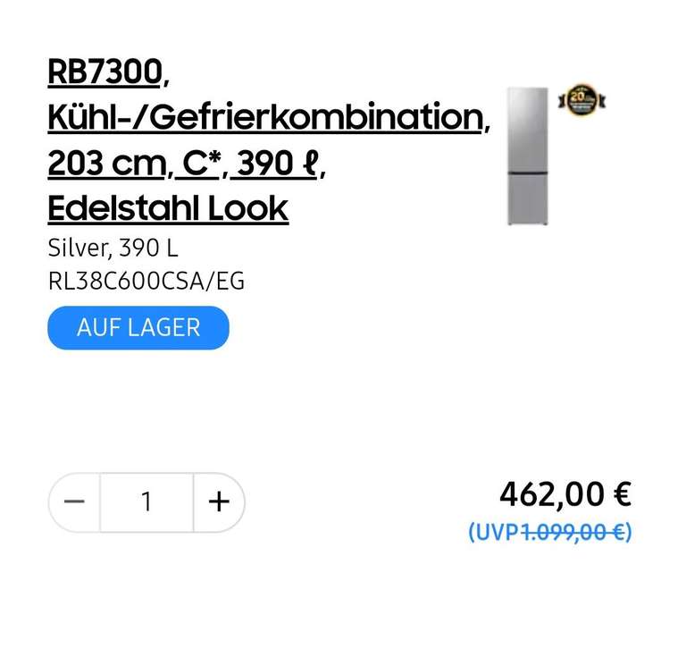 Samsung RB7300, Kühl-/Gefrierkombination, 203 cm, C*, 390 ℓ, Edelstahl Look (Corporate Benefits)