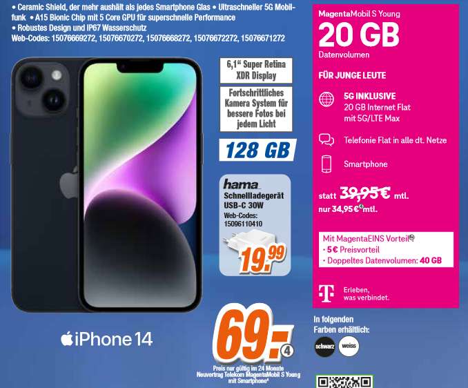 Lokal, Telekom Netz, U28: Apple iPhone 14 im Allnet/SMS Flat 40GB 5G MagentaEins Mobile S Young für 29,95€/Monat, 69€ Zuzahlung