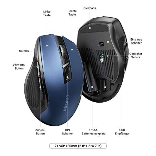 UGREEN kabellose Maus, ergonomisches Design, 6 Tasten, 5 DPI-Stufen bis 4000 DPI, 2.4GHz Verbindung, in Blau und Schwarz
