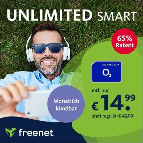[Telefonica + SIM-Only] freenet o2 Unlimited Smart (Neu: 15 Mbit/s LTE) für mtl. 14,99€ mit Allnet, VoLTE & WLAN Call + mtl. kündbar