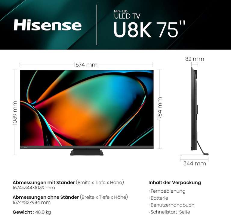 Hisense 75U8KQ Fernseher (75", 3840x2160, IPS + Quantum Dots, 144Hz, Mini LED, 1500nits, 2x HDMI 2.1 & 2x 2.0, VIDAA U7)