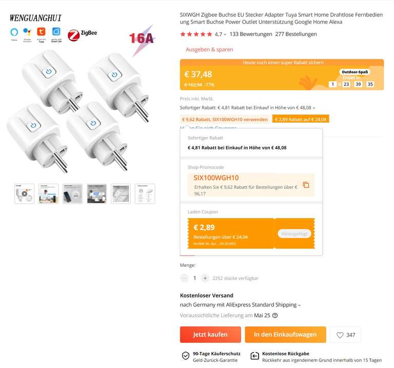 4x ZigBee Steckdose Power Plug 16 A | 8,59 € / Stück | Lieferung aus CN