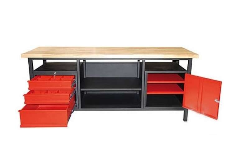 Werkbank Werktisch Arbeitstisch, 3 Schubladen, 1 Tür 200x68x85cm, 123kg, 40mm Arbeitsplatte aus Buche