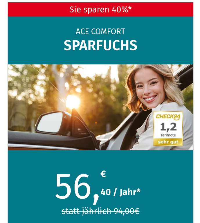 [Shoop + ACE] 20 € Cashback + 5 € Shoop-Gutschein + 40% Rabatt (37,60 €) auf den Tarif ACE COMFORT (gesamte Ersparnis 62,60 €)