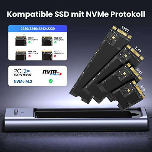 [Prime] Ugreen 15511 SSD-Gehäuse | für M.2 PCIe NVMe | USB-C 3.2 Gen 2 | Aluminium-Gehäuse mit Kühlkissen | inkl. USB-C-Kabel