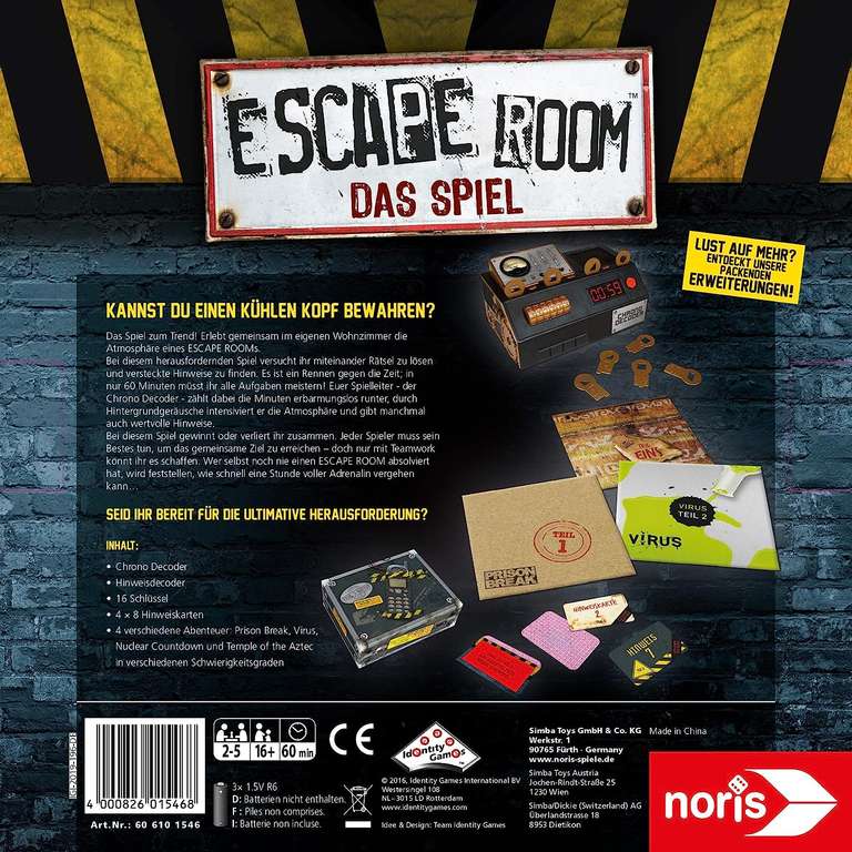 Escape Room - Das Spiel (4 Fälle) | Brettspiel (Escapespiel) für 2 - 5 Personen ab 16 J. | ca. 60 Min. / Fall | BGG 7.0 / Komplexität: 2.25