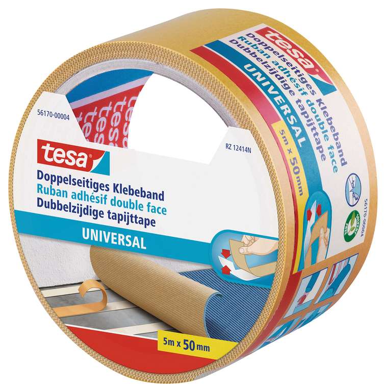 tesa Doppelseitiges Klebeband Universal - Vielseitiges Klebeband für Verpackungen, Deko und Teppiche oder zum Basteln - 5 m x 50 mm (Prime)