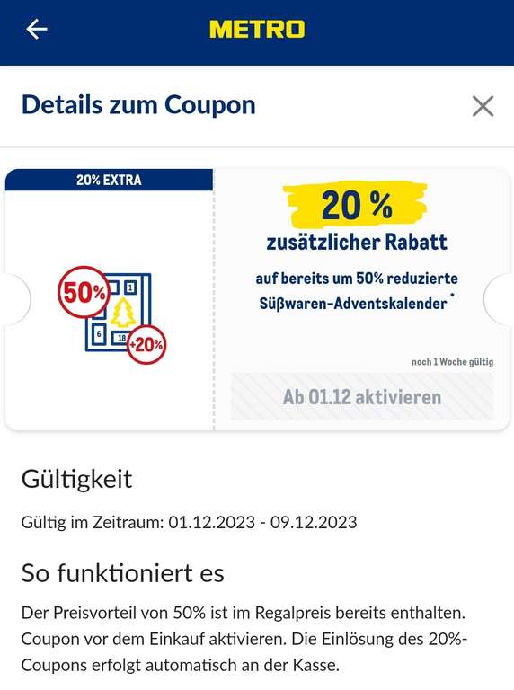 [Offline-Metro] 60% auf alle Adventskalender: 50% reduziert + 20% Coupon in der App (z.B. Lindt Tradition für 6,84€)