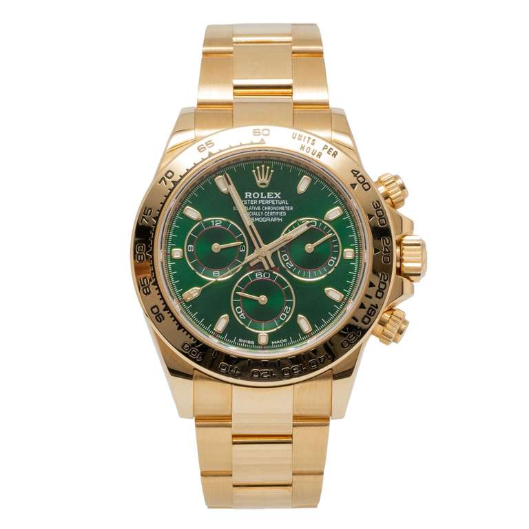 Rolex Daytona 116508 Chronograph green dial 2019 gold 40 mm, getragen - volles Set