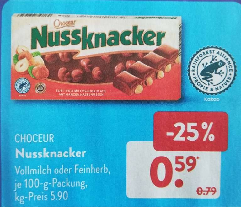 [Aldi Süd] "Nussknacker" Schokolade je 100g Tafel in 2 Sorten : Vollmilch & Feinherb ab 11.07.22