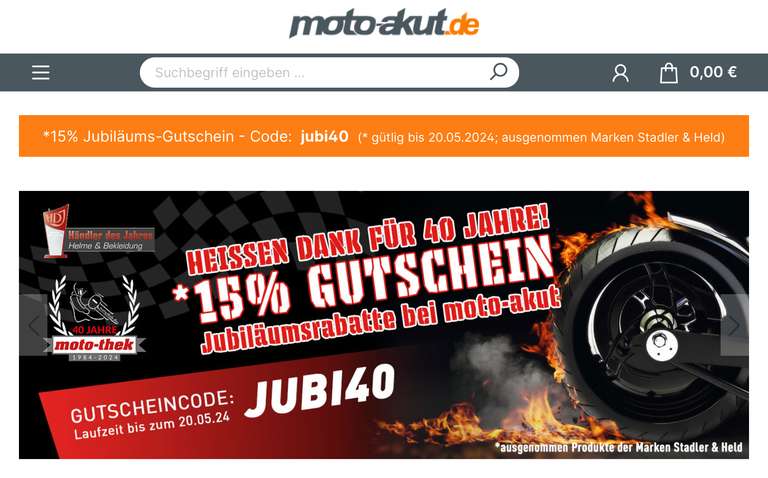 moto-akut 15% Rabatt auf Motorradhelme, Stiefel, Bekleidung etc. (z.B. Schuberth C5 Globe Größen S-3XL für 611,23€)