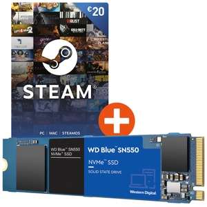 Western Digital WD Blue SN550 NVMe SSD 2TB, M.2 (3D-NAND TLC, R2600, W1800, PCIe 3.0 x4, HMB) + 20€ Steam Guthaben
