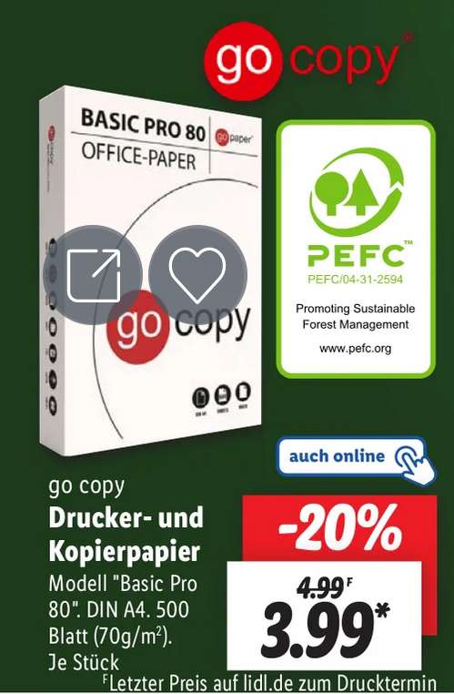 Lidl: Drucker- und Kopierpapier 70g/m² 500 Blatt; Online, ab 30.11. Filiale