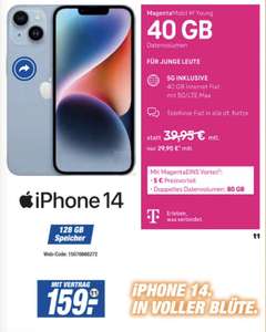 Apple iPhone 14 mit Vertrag 29,95 € (24,95 € mit Magentavorteil) Telekom M Young ! 159 € Zuzahlung