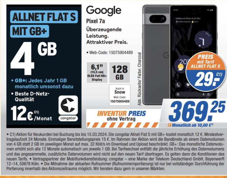 Lokal, Telekom Netz: Google Pixel 7a im Congstar Allnet/SMS Flat 4GB LTE+ 12€/Monat, 29€ Zuzahlung