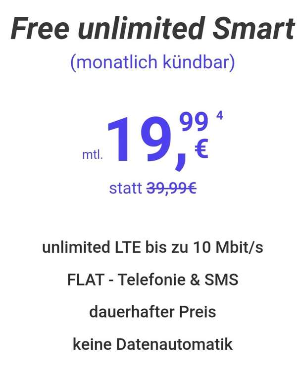 19,99€/Monat O2 Free Unlimited Smart 10 Mbit dauerhaft & monatl. kündbarer Handyvertrag