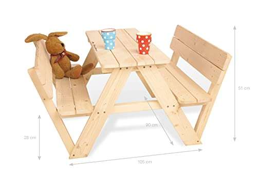 Pinolino Kindersitzgarnitur Nicki für 4 | mit Lehne | aus massivem Holz | 2 Bänke mit Rückenlehne | 1 Tisch | empfohlen ab 2 Jahren | Natur