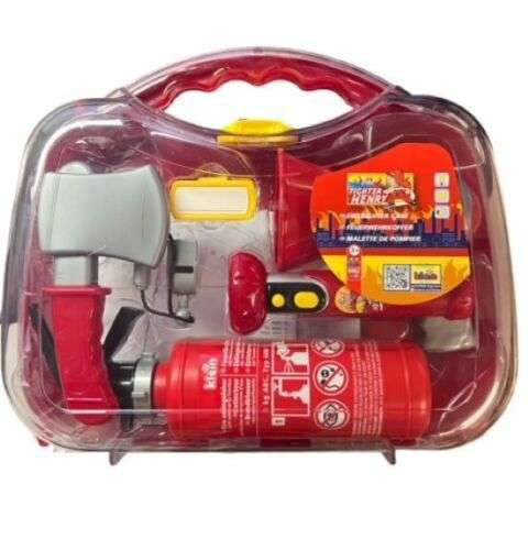 Theo Klein - Feuerwehrkoffer 8982 - 7-teiliges Set / Batterien benötigt / Feuerlöscher mit Wassersprühfunktion
