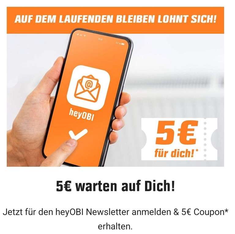 HeyOBI App zum Newsletter anmelden und 5€ Gutschein ab 40€ MEW erhalten