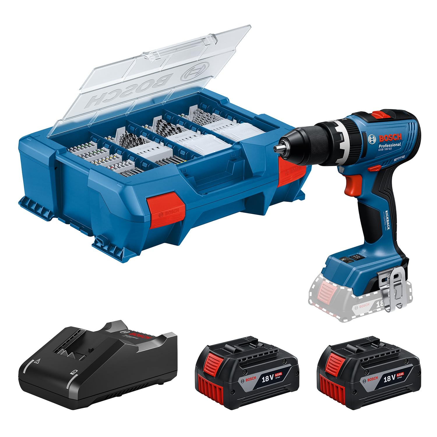Bosch GSB 18V-65 Schlagbohrschrauber 18V 65 Nm + 2x Akku 4,0 Ah + Lader + L-Case Pick & Click