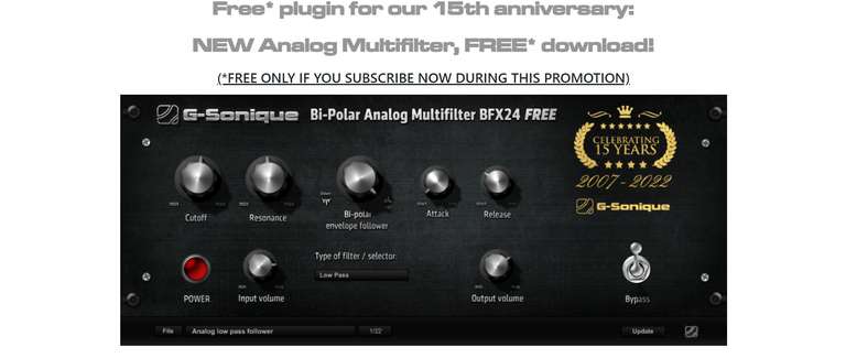G-Sonique: Bi-Polar Multi Analog Filter Plugin 'BX24' (nur für kurze Zeit! / Musik Freebie) [VST / AU / AAX]