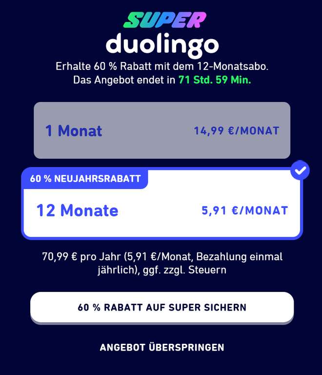 Super Duolingo für 70,99 € (12 Monate - 60% Rabatt)
