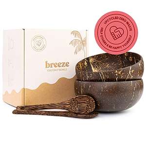 [Amazon Prime] breeze Kokosnuss Schalen Set aus 2 Bowl Schüsseln mit Holzlöffel | Vegane & Plastikfreie Coconut Bowl