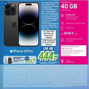 Lokal, Telekom: Apple iPhone 14 Pro 128GB im Mobil L - Magenta Eins Allnet/SMS Flat unbegrenzt Daten 5G für 64,95€/Monat, 444€ Zuzahlung
