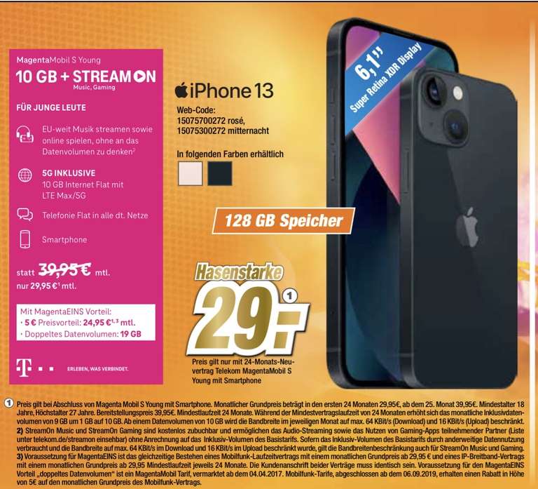 Lokal NRW+RP [Young MagentaEINS] iPhone 13 128GB im Telekom Magenta Mobil S (19GB 5G) mtl. 24,95€ einmalig 29 €
