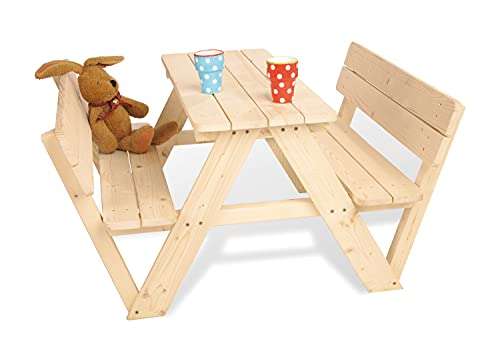 Pinolino Kindersitzgarnitur Nicki für 4 | mit Lehne | aus massivem Holz | 2 Bänke mit Rückenlehne | 1 Tisch | empfohlen ab 2 Jahren | Natur