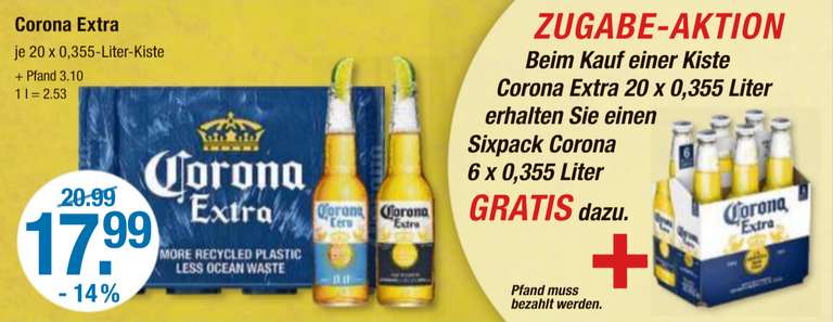 [V-MARKT Schwaben/Oberbayern] 26 Flaschen Corona Extra 0,355l für 17,99€ = 0,69€/Flasche [29.06.-05.07.23]