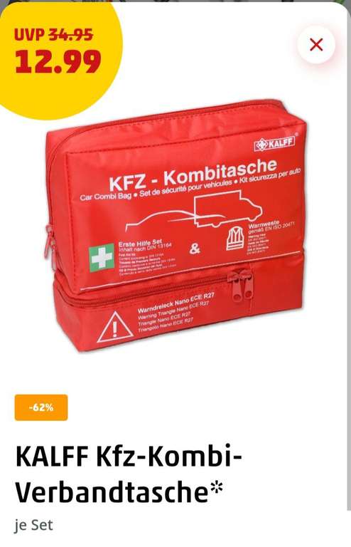 Penny: 'Kalff' Warndreieck&Weste sowie Verbandtasche nach neuer DIN in kompakter Tasche ab Do. 16.03.23