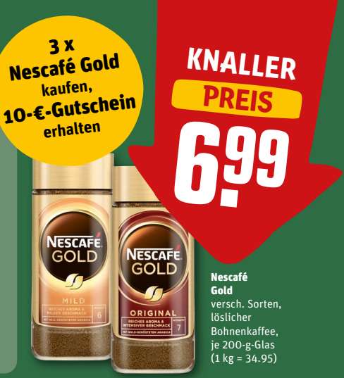[REWE] 3 Gläser Nescafé Gold 200g für 20,97€ + 0,85€ Porto = 10€ REWE Einkaufsgutschein + 1€ Cashback von SMHAGGLE (Payback nicht vergessen)