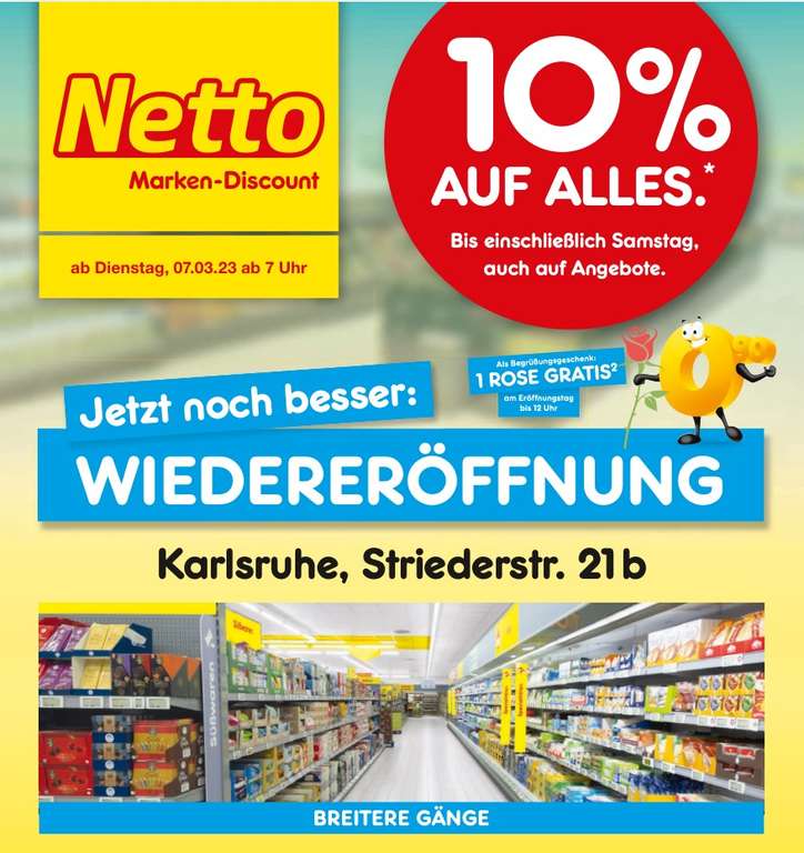 [LOKAL: Karlsruhe] DI, 07.03.23 [Netto Marken-Discount MD] Wieder-Eröffnung - 10% auf alles RABATT bis SA | KA-Oststadt, Striederstr. 21b