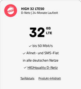 Telekom Netz, Sim Only: High Mobile Allnet/SMS Flat 32GB LTE bis 50Mbit/s 12,70€/Monat durch 195€ Cashback (mit Check24 Gutschein 11,45€)