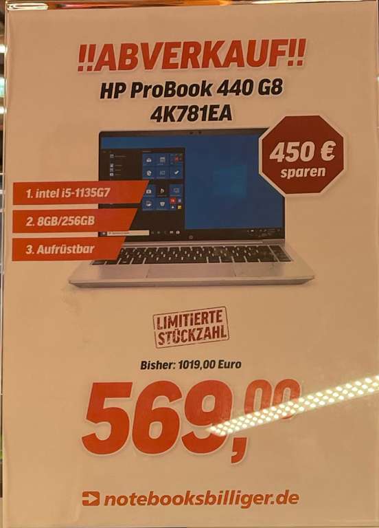 (NBB Stuttgart) HP ProBook 440 G8 4K781EA 14" FHD IPS, Intel i5-1135G7, 8GB RAM, 256GB SSD, Windows 10 Pro -ggf auch noch andere Standorte