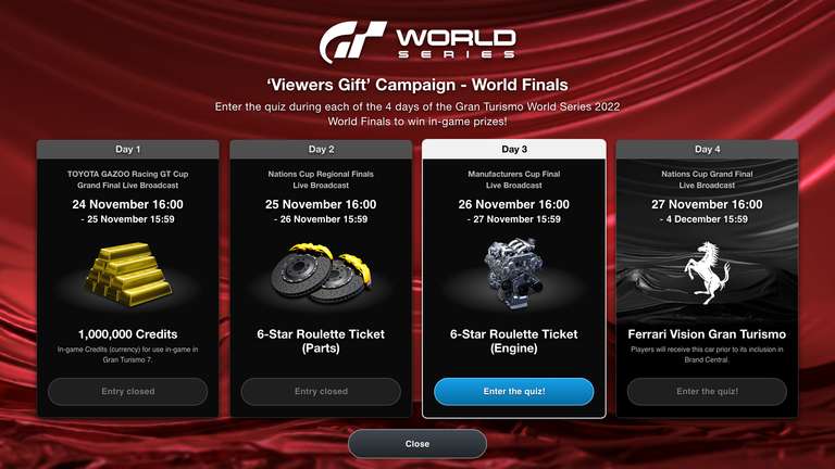 Update [Gran Turismo 7] Mehrere Aktionen! 1 Mio Credits, Ferrari VGT und zwei Roulette Tickets durch Quiz bei den World Finals