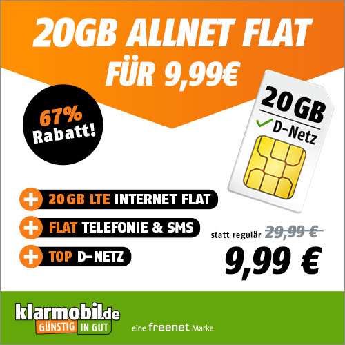 [Vodafone-Netz] 20GB LTE Tarif von klarmobil für mtl. 9,99€ mit VoLTE, WLAN Call, Allnet- & SMS-Flat + eSIM | erstmals keine AG
