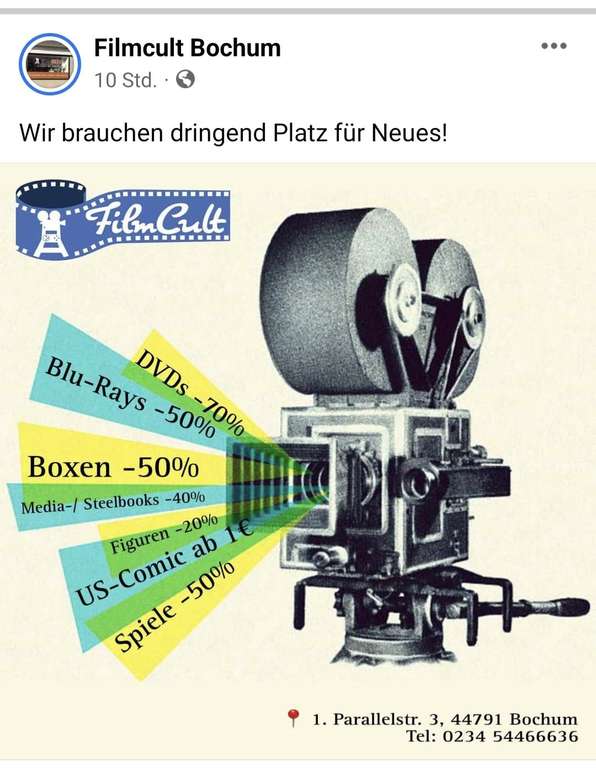 Lokal: Bochum Filmcult 70 % Rabatt auf DVD Filme + weitere Rabatte