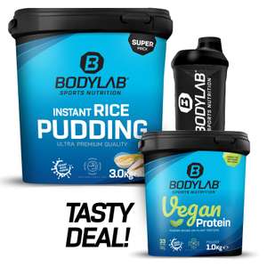 Bundle: 3kg Bodylab Instant Rice Pudding + 1kg Vegan Protein (3 Sorten, ohne Soja) + Shaker