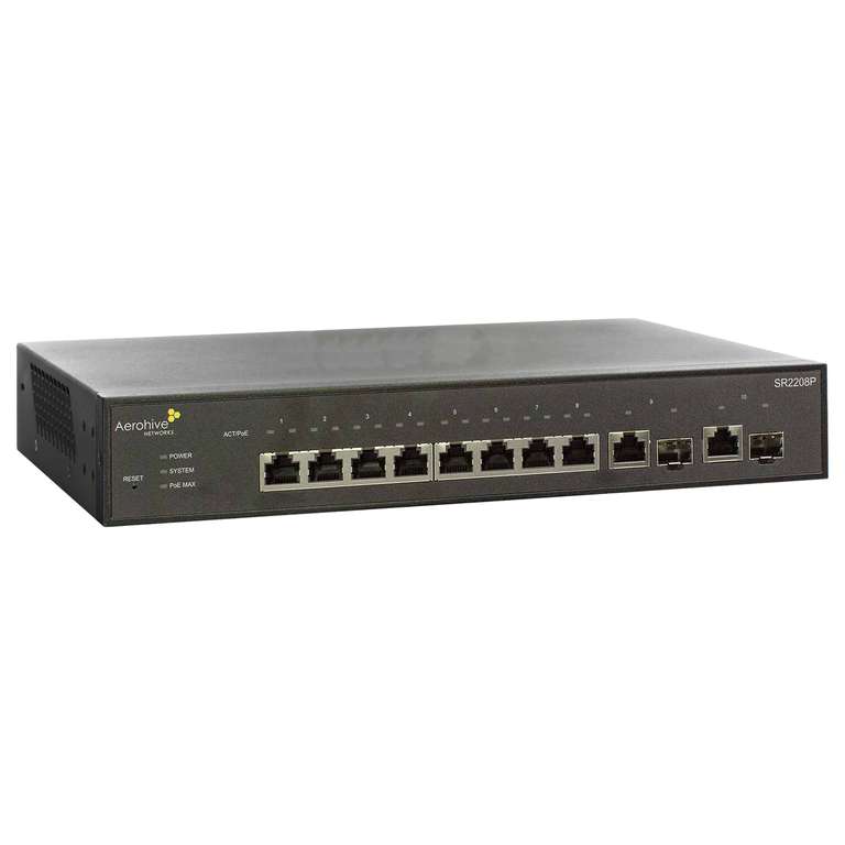 Aerohive Networks Desktop Switch SR2208P (8x Gbit-LAN mit PoE+, 2x Kombi-SFP, Rack-mountable, Cloud-Verwaltung)