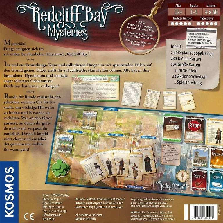 Redcliff Bay Mysteries | kooperatives Brettspiel / Detektivspiel für 1 - 5 Personen ab 12 J. | ca. 4x60 Min. | BGG: 7.3 / Komplexität: 1.50
